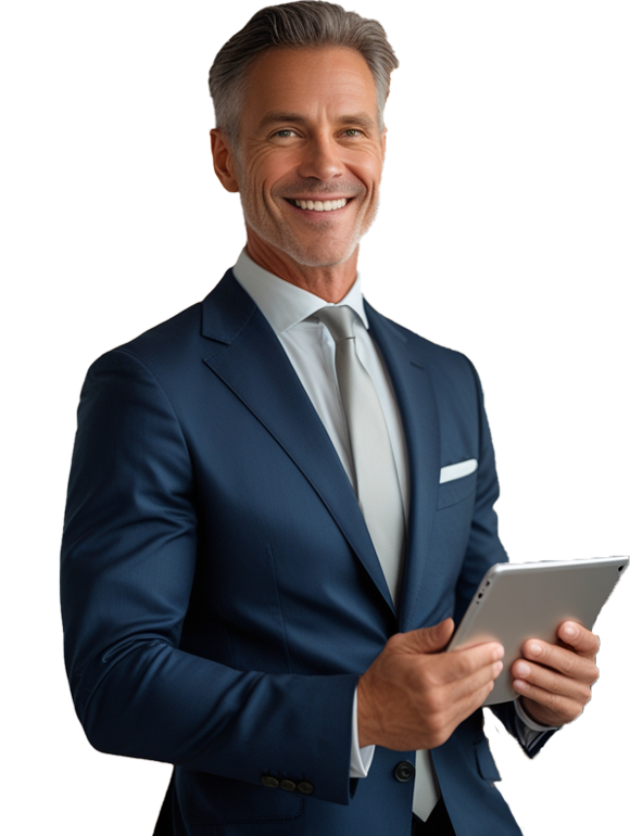 A businessman holding a tablet and happy because of the results our company gave him